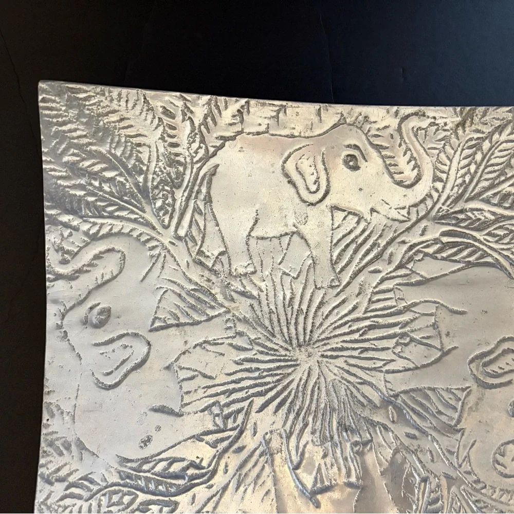Aluminum Metal Plate/Tray w Elephant Design-9 1/2” x 9 1/2”.Made in India